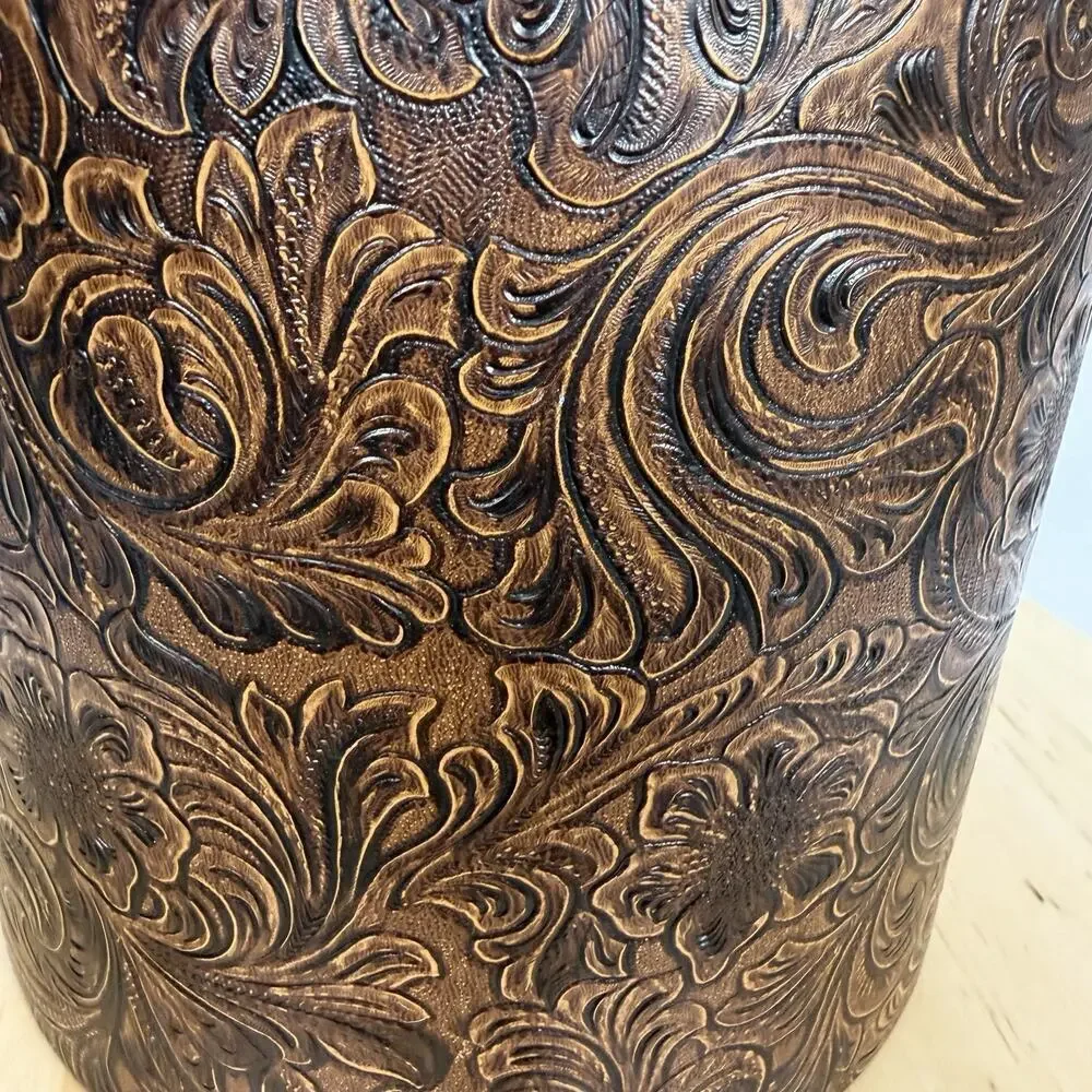Vintage MCM Irvinware Brown Tooled Embossed Faux Leather Ice Bucket Western